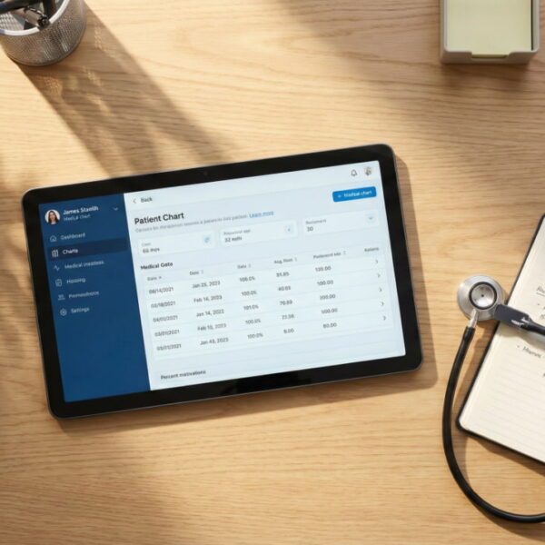 Top-down photograph of a tablet displaying a digital "Patient Chart" with medical data and graphs, resting on a light wooden desk next to a stethoscope, an open notebook with handwritten notes, a pen, a cup of coffee, and a small potted plant under natural light.