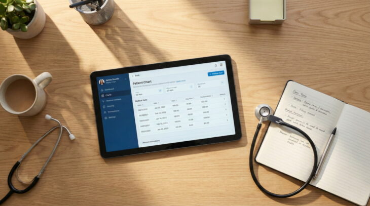 medical-ai-patient-data-privacy-risks-tablet Top-down photograph of a tablet displaying a digital "Patient Chart" with medical data and graphs, resting on a light wooden desk next to a stethoscope, an open notebook with handwritten notes, a pen, a cup of coffee, and a small potted plant under natural light.
