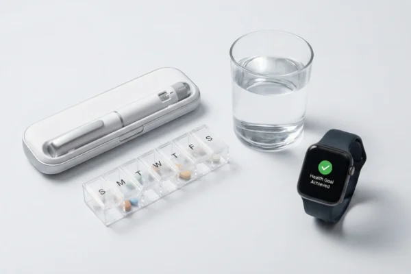 A minimalist, high-key medical flat lay on a clean, light gray surface. Bright, soft top-down lighting creates subtle, clean shadows. The composition features a white medical injection pen next to a transparent weekly pill organizer marked with "S M T W T F S" in black letters. A clear glass of water sits beside a black smartwatch, which displays the text "Health Goal Achieved" accompanied by a vibrant green checkmark icon.