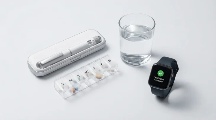 medical-options-for-weight-loss-medicine-management A minimalist, high-key medical flat lay on a clean, light gray surface. Bright, soft top-down lighting creates subtle, clean shadows. The composition features a white medical injection pen next to a transparent weekly pill organizer marked with "S M T W T F S" in black letters. A clear glass of water sits beside a black smartwatch, which displays the text "Health Goal Achieved" accompanied by a vibrant green checkmark icon.