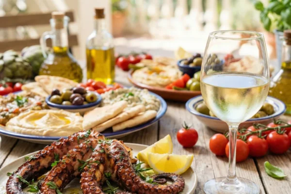 A vibrant, low-angle food photography shot with a shallow depth of field. In the foreground, a perfectly charred grilled octopus rests with fresh lemon wedges on a rustic wooden table. Beside it stands a crisp glass of white wine, capturing the bright, natural daylight. The background is a colorful blur of Mediterranean mezze, including hummus, olives, and bright red cherry tomatoes, highlighting fresh textures and rich colors.