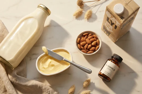 A minimalist high-angle flat lay on a white marble surface. The composition includes a glass bottle of milk, a tub of margarine with a spreader, a small bowl of almonds, and a dark glass supplement bottle labeled "VITAMIN D." Soft, long shadows are cast across the frame, and a carton in the corner displays the text "OATLY! OAT MILK."