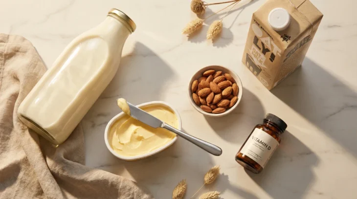 milk-margarine-vitamin-d-rich-foods-flatlay A minimalist high-angle flat lay on a white marble surface. The composition includes a glass bottle of milk, a tub of margarine with a spreader, a small bowl of almonds, and a dark glass supplement bottle labeled "VITAMIN D." Soft, long shadows are cast across the frame, and a carton in the corner displays the text "OATLY! OAT MILK."