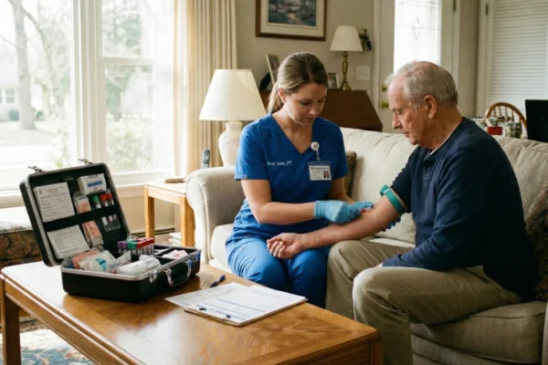 Warmly lit living room scene with soft natural light from a window. A healthcare worker in blue scrubs sits on a table, drawing blood from the arm of an elderly man seated on a beige sofa. A professional black medical kit is open on the coffee table, showing organized test tubes. The composition is balanced and emphasizes professional care in a comfortable home setting.