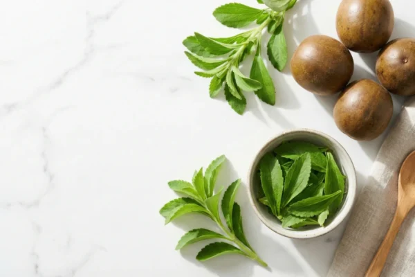 A minimalist, top-down flat lay on a white marble surface bathed in bright, diffused natural light. Fresh, vibrant green stevia leaves are neatly arranged in a small ceramic bowl and scattered beside four smooth, brown monk fruits. A rustic wooden spoon and a textured beige linen napkin on the right edge provide an organic, clean aesthetic.