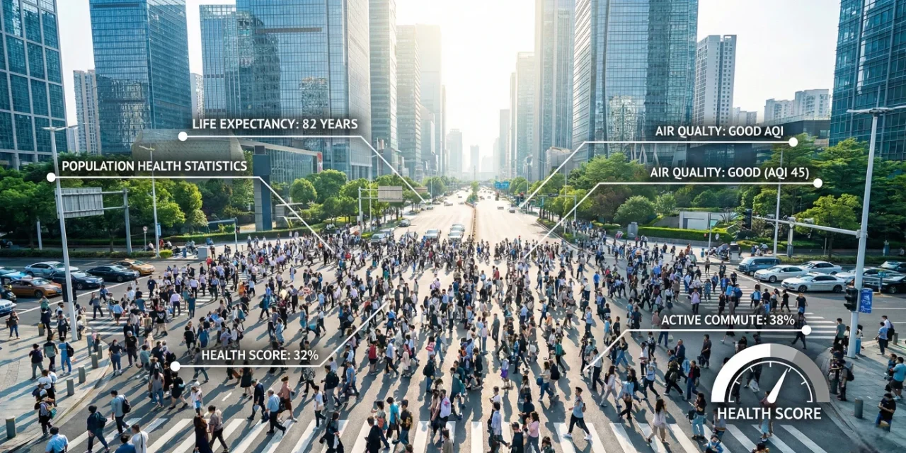 A high-angle, wide-perspective shot of a bustling urban intersection filled with a large crowd under bright, sharp daylight. A prominent sun flare glows between glass skyscrapers in the background. The scene is overlaid with clean white digital infographic callouts including text like "POPULATION HEALTH STATISTICS," "HEALTH SCORE: 32%," and "LIFE EXPECTANCY: 82 YEARS." A semi-circular "HEALTH SCORE" speedometer gauge is positioned in the bottom right foreground.