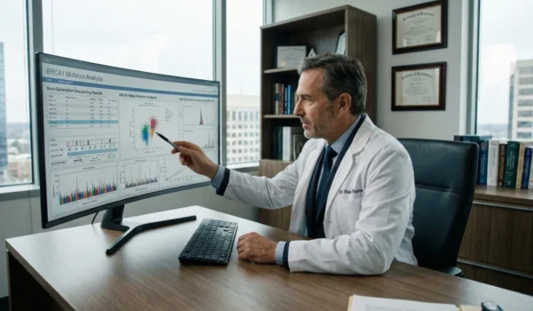 Natural light from a large window fills a modern office where a male doctor, dressed in a white coat and tie, sits at a desk. He is pointing at a large curved monitor displaying complex graphs and data with the text "BRCA1 Mutation Analysis" and "Next-Generation Sequencing Results". A keyboard is on the desk, and framed certificates hang on the wall behind him.