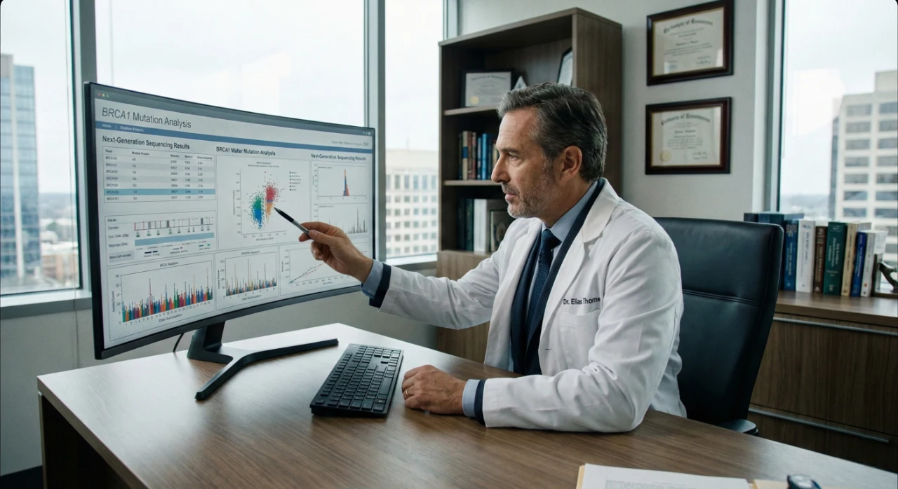 Natural light from a large window fills a modern office where a male doctor, dressed in a white coat and tie, sits at a desk. He is pointing at a large curved monitor displaying complex graphs and data with the text "BRCA1 Mutation Analysis" and "Next-Generation Sequencing Results". A keyboard is on the desk, and framed certificates hang on the wall behind him.