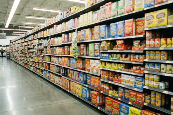 A low-angle, deep perspective shot of a long supermarket aisle receding toward a distant vanishing point. Warm overhead fluorescent lighting reflects off a polished gray floor, illuminating dense, symmetrical rows of colorful packaged goods and cereals that fill the frame from floor to ceiling.