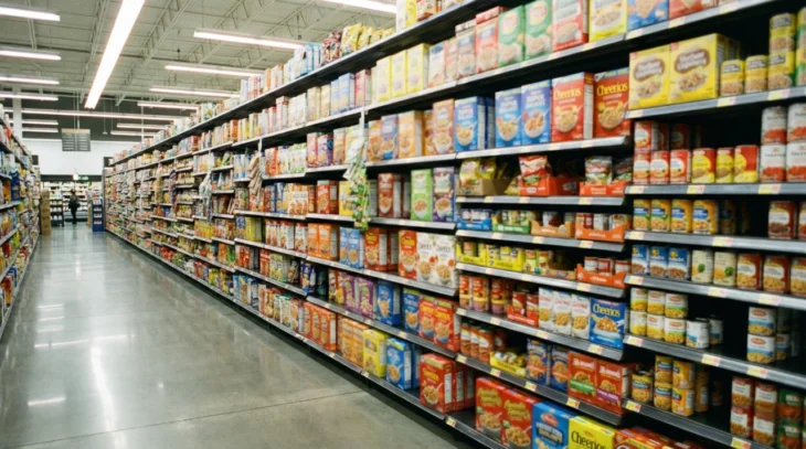 processed-food-aisle-erythritol-products-us-market A low-angle, deep perspective shot of a long supermarket aisle receding toward a distant vanishing point. Warm overhead fluorescent lighting reflects off a polished gray floor, illuminating dense, symmetrical rows of colorful packaged goods and cereals that fill the frame from floor to ceiling.
