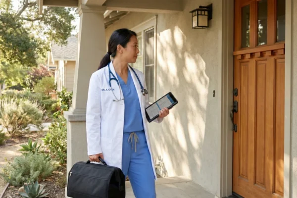A photorealistic medium shot of a female physician in white medical coat and blue scrubs standing on a sunlit residential porch. She carries a professional black medical bag and holds a digital tablet displaying patient charts. Bright afternoon sunlight casts soft diagonal shadows across the beige stucco wall. The text "DR. A. CHEN" is clearly embroidered in blue on the left side of the white coat.