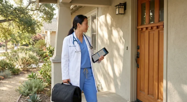 A photorealistic medium shot of a female physician in white medical coat and blue scrubs standing on a sunlit residential porch. She carries a professional black medical bag and holds a digital tablet displaying patient charts. Bright afternoon sunlight casts soft diagonal shadows across the beige stucco wall. The text "DR. A. CHEN" is clearly embroidered in blue on the left side of the white coat.