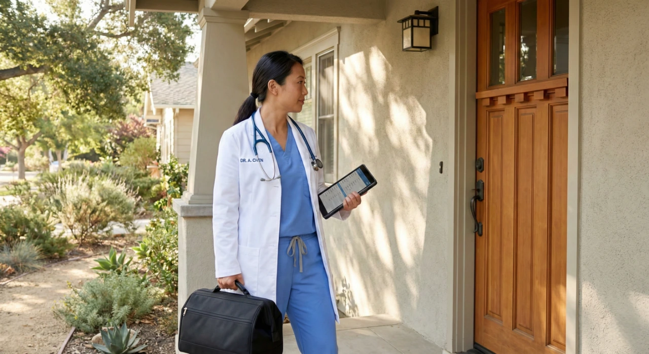 A photorealistic medium shot of a female physician in white medical coat and blue scrubs standing on a sunlit residential porch. She carries a professional black medical bag and holds a digital tablet displaying patient charts. Bright afternoon sunlight casts soft diagonal shadows across the beige stucco wall. The text "DR. A. CHEN" is clearly embroidered in blue on the left side of the white coat.