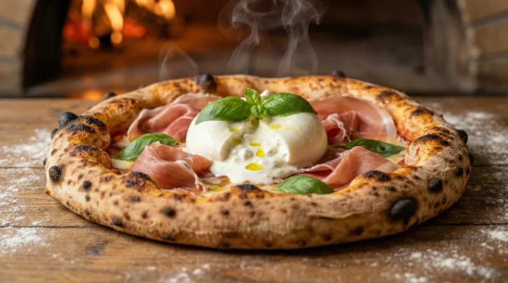 see-doctor-today-pasadena-marina-wood-fired-pizza A close-up, low-angle shot of a steaming neo-Neapolitan pizza on a rustic wooden table. In the center, a fresh, creamy ball of burrata is sliced open, drizzled with olive oil, surrounded by thin ribbons of pink prosciutto and vibrant green basil leaves. The background features a warm, blurred glow of a traditional stone wood-fired oven with visible flames.