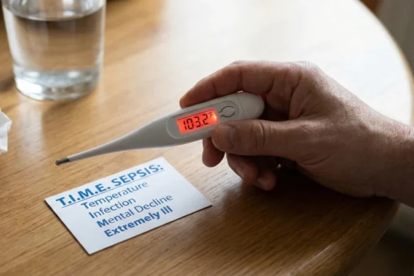 Close-up top-down shot on a wooden surface. A hand holds a white digital thermometer with a bright red glowing display reading "103.2°F". Next to it lies a white card with bold blue and black text: "T.I.M.E. SEPSIS: Temperature, Infection, Mental Decline, Extremely Ill". Shallow depth of field makes the text and temperature the central focus.