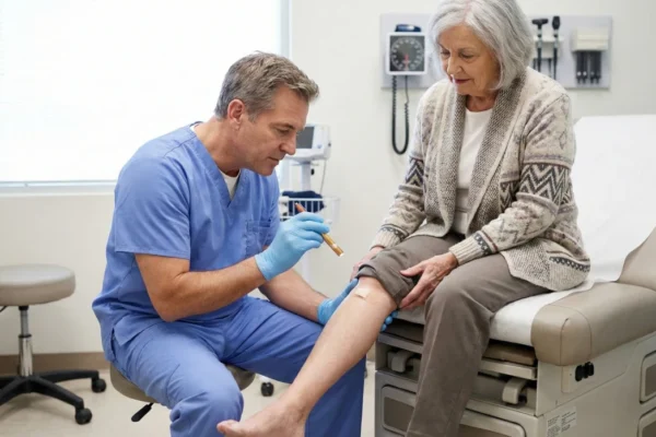 Brightly lit medical office with a clean, professional atmosphere. A healthcare provider in blue scrubs sits on a low stool, using a small penlight to carefully examine a bandage on the lower leg of an elderly woman seated on an examination table. The light is even, highlighting the focus on skin inspection.