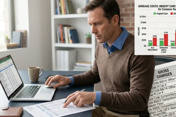 A photorealistic editorial scene of a man in a brown v-neck sweater and blue shirt sitting at a desk, illuminated by soft natural light from a side window. He is focused on a laptop displaying a spreadsheet. The composition includes two informative graphic overlays: a bar chart comparing "Urgent Care vs. Emergency Room" costs with vibrant green and red bars, and a detailed medical statement showing columns for "Gross Charges" and "Negotiated Charges."