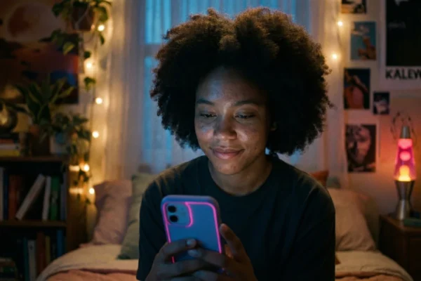 A medium shot captures a young Black woman with voluminous natural hair smiling gently, her face illuminated by the cool blue light emanating from the smartphone she holds in her hands. She is in a cozy, dimly lit bedroom, filled with warm ambient light from a pink lava lamp and a strand of string lights on the wall. Posters (one partially reads "KALEWIK RIVIR"), books on a shelf, and plants create a bohemian feel. The composition is intimate, focusing on her interaction with the phone.
