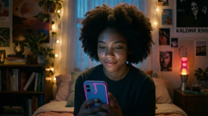 young-woman-smiling-using-smartphone-at-night-in-cozy-bedroom-with-lava-lamp A medium shot captures a young Black woman with voluminous natural hair smiling gently, her face illuminated by the cool blue light emanating from the smartphone she holds in her hands. She is in a cozy, dimly lit bedroom, filled with warm ambient light from a pink lava lamp and a strand of string lights on the wall. Posters (one partially reads "KALEWIK RIVIR"), books on a shelf, and plants create a bohemian feel. The composition is intimate, focusing on her interaction with the phone.
