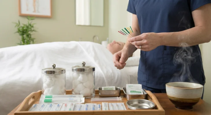 acupuncture-pasadena-clinic-treatment-tray-setup. A medium close-up shot focused on a wooden treatment tray in a clean clinical environment. The composition highlights the hands of a practitioner in blue scrubs holding a cluster of colorful capped needles in the upper right. On the tray are organized glass jars of cotton balls, sealed metal supply packs, and a steaming ceramic bowl in the foreground. The background features a blurred patient resting on a white table and an unreadable soft-focus diagram on the pale green wall under diffused natural light.