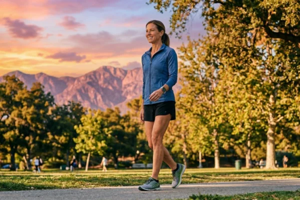 A low-angle medium shot of a smiling woman walking on a paved path during golden hour. The composition features sharp focus on the woman in her blue athletic jacket and black shorts, displaying her natural stride. The background is a beautifully blurred park landscape with large trees leading to dramatic, warm pink and orange mountains under a twilight sky. Backlighting creates a soft, vibrant glow around the subject.