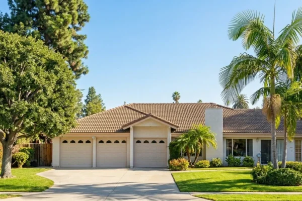 A wide-angle front-view photograph of a sprawling single-story upscale residential home with a tile roof, centrally positioned under a clear bright blue sky with direct daylight, framed symmetrically by a large deciduous tree on the left and tall fan palm trees on the right, featuring a clean stucco facade with three matching garage doors and multiple French doors along a paved driveway and green lawn; no text is visible on the structure or grounds.