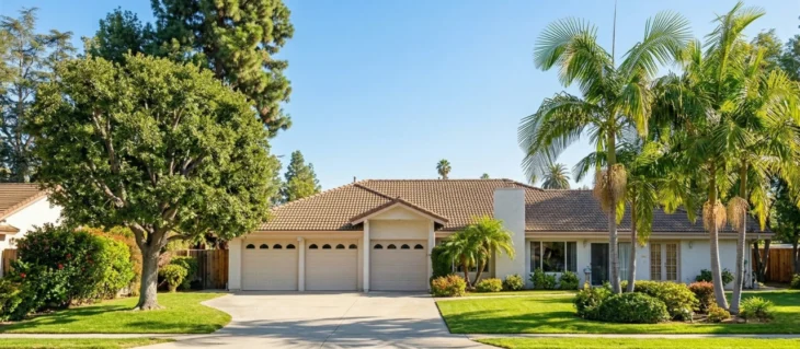 altadena-con-carino-care-residence-televisit-doctor-appointment. A wide-angle front-view photograph of a sprawling single-story upscale residential home with a tile roof, centrally positioned under a clear bright blue sky with direct daylight, framed symmetrically by a large deciduous tree on the left and tall fan palm trees on the right, featuring a clean stucco facade with three matching garage doors and multiple French doors along a paved driveway and green lawn; no text is visible on the structure or grounds.