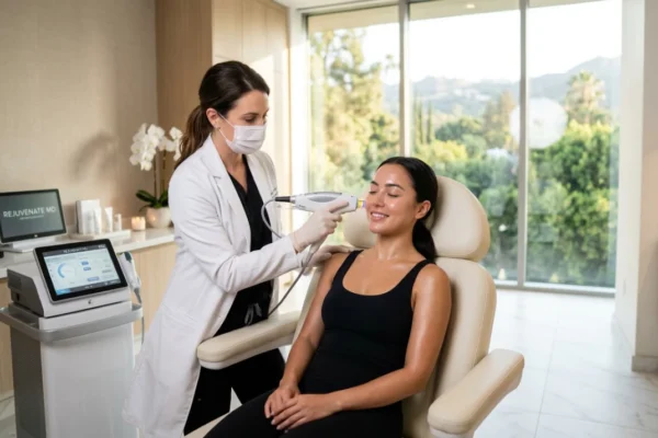 A high-key, cinematic composition featuring a skincare specialist in a white clinical coat and face mask performing a facial laser treatment. The scene is bathed in soft, natural light streaming from large floor-to-ceiling windows that reveal a lush green hillside. On the left, a modern medical monitor and the device screen both display the text "REJUVENATE MD". The patient is seated in a cream-colored treatment chair, her skin appearing luminous and hydrated. The aesthetic is clean and minimalist, using a warm color palette of beige, white, and soft wood tones to convey a premium medical spa atmosphere.