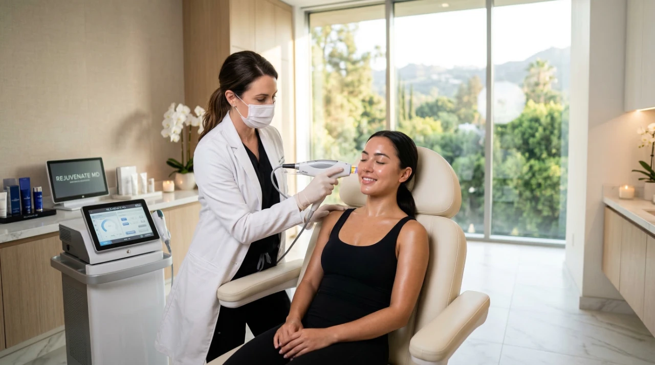 best-skin-treatment-pasadena-dermatology-center-rejuvenate-md A high-key, cinematic composition featuring a skincare specialist in a white clinical coat and face mask performing a facial laser treatment. The scene is bathed in soft, natural light streaming from large floor-to-ceiling windows that reveal a lush green hillside. On the left, a modern medical monitor and the device screen both display the text "REJUVENATE MD". The patient is seated in a cream-colored treatment chair, her skin appearing luminous and hydrated. The aesthetic is clean and minimalist, using a warm color palette of beige, white, and soft wood tones to convey a premium medical spa atmosphere.