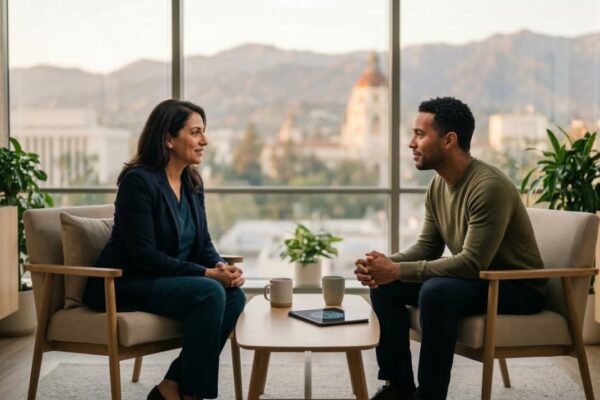 A balanced medium shot of a psychiatrist and patient in profile, seated in a light-filled modern office. Warm golden hour light streams through floor-to-ceiling windows, highlighting a soft-focus view of the San Gabriel mountains. A glowing teal brain scan is visible on a tablet placed on a minimalist wooden coffee table.