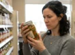 A medium shot of a woman with curly brown hair wearing a grey sweater in a grocery store aisle. She holds a clear glass jar of pickled green beans and carrots up to eye level, looking intently at the descriptive label under soft, ambient supermarket lighting. The shelves behind her are blurred into a bokeh of colorful containers, emphasizing her focus on the food safety of the product.