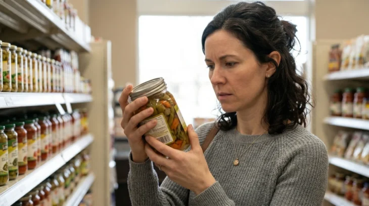 consumer-inspecting-jar-foodborne-botulism-prevention A medium shot of a woman with curly brown hair wearing a grey sweater in a grocery store aisle. She holds a clear glass jar of pickled green beans and carrots up to eye level, looking intently at the descriptive label under soft, ambient supermarket lighting. The shelves behind her are blurred into a bokeh of colorful containers, emphasizing her focus on the food safety of the product.