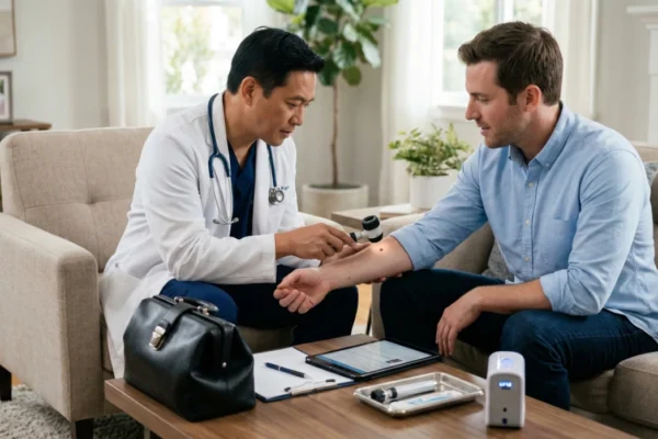 A medium-shot, eye-level composition showing a dermatologist in a white lab coat and blue scrubs examining a patient's arm mole with a handheld dermatoscope. The scene is bathed in soft, natural daylight within a cozy residential living room. A wooden coffee table in the foreground holds a black medical bag, a digital tablet, and a sterile tray of tools.