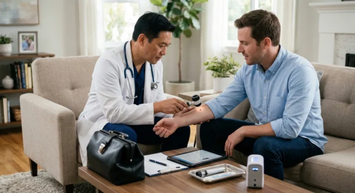 A medium-shot, eye-level composition showing a dermatologist in a white lab coat and blue scrubs examining a patient's arm mole with a handheld dermatoscope. The scene is bathed in soft, natural daylight within a cozy residential living room. A wooden coffee table in the foreground holds a black medical bag, a digital tablet, and a sterile tray of tools.