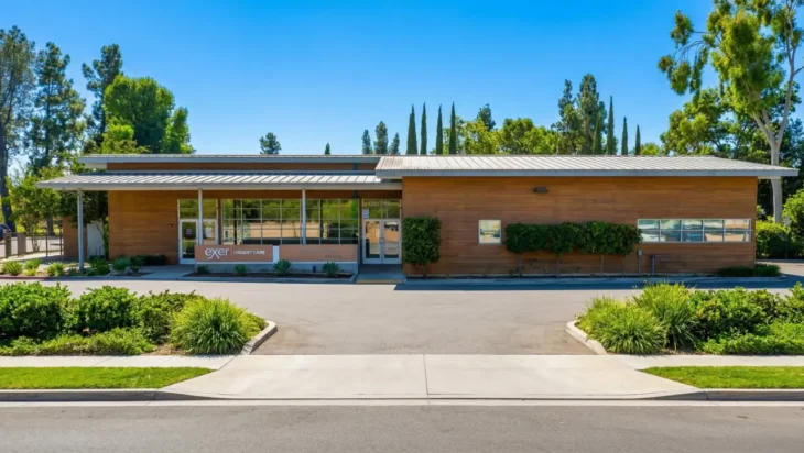 exer-urgent-care-modern-medical-building-sunlit-exterior A direct, centrally-composed, symmetrical photograph of a modern, single-story medical facility under a clear, bright blue sky. The building is evenly illuminated by direct sunlight from the front-right, casting defined but clean shadows to the right. The left half is dominated by full-height glass panel windows, and the right half features horizontal wood-textured siding, all under a standing-seam metal roof with wide eaves. Clear, crisp text on a sign above the main left entrance reads: 'exer | URGENT CARE'. The paved entryway and low, manicured green shrubbery create a tidy, clean foreground. Tall, lush cypress, pine, and deciduous trees form a dense green backdrop.