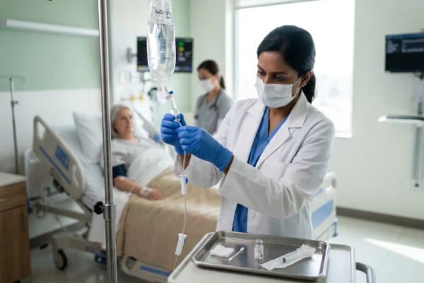 A medium shot in a brightly lit hospital room with natural light from a window on the left. A female doctor in a white coat, mask, glasses, and blue gloves adjusts an IV line connected to a bag of NaCl 0.9% 500ml solution. She is looking at a male patient seated in an exam chair. The patient, wearing a blue shirt, looks back at the doctor. The clean medical background includes a hospital bed and monitoring equipment, conveying a scene of serious medical care.