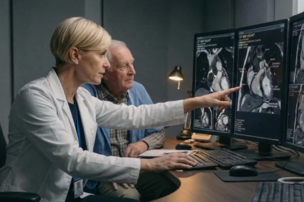 A side-view medium shot in a dimly lit diagnostic room. A female clinician in white points at one of three large monitors displaying detailed cardiac scans with visible text "ST MRI HEART". Beside him, an elderly male patient in a blue gown looks on attentively. The scene is illuminated by a warm desk lamp, creating a focused, professional atmosphere.