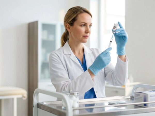 A medium shot of a healthcare professional in a white lab coat and blue nitrile gloves, centered in a bright clinical setting. She is holding a clear vial labeled "MENACWY VACCINE" and a syringe, focusing intently on drawing the liquid. The composition is clean and organized, with a stainless steel medical tray in the foreground and blurred white medical cabinets in the background under cold, even light.