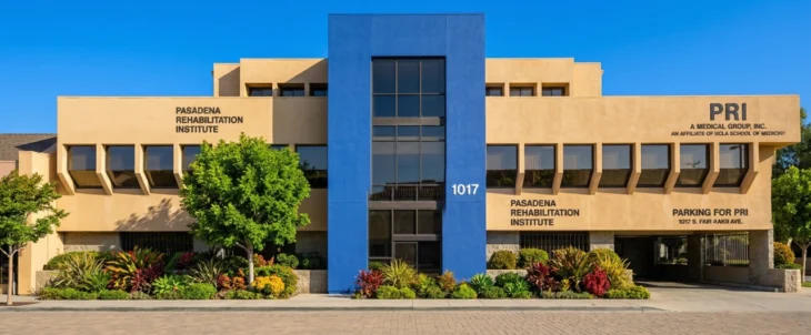 pasadena-rehabilitation-institute-pain-management. A symmetrically composed, direct frontal photograph of a modern medical facility under a vibrant, clear blue sky. Bright, natural daylight evenly illuminates the building, enhancing the rich, saturated colors of the prominent central blue panel and the surrounding warm beige stucco. The composition is clean and architectural, with a foreground of neatly laid pavers and lush, colorful garden beds featuring diverse plants, adding a sense of careful maintenance. Clear, sharp text is visible across the facade: large letters on the upper-left read "PASADENA REHABILITATION INSTITUTE"; the central address "1017" is prominent on the blue block; and on the upper-right, distinct text includes "PRI A MEDICAL GROUP, INC." and "AN AFFILIATE OF UCLA SCHOOL OF MEDICINE," along with other service and parking information. The overall impression is one of professional clarity and inviting care.
