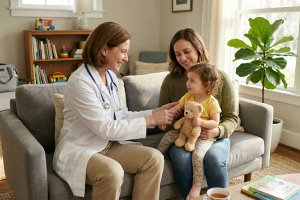Natural, soft, warm light from large windows illuminates an intimate, eye-level composition. A figure wearing a white cotton coat and stethoscope kneels on a wooden floor, facing a seated mother and a child holding a textured teddy bear on a gray sofa. The background includes a bookshelf and a fiddle-leaf fig tree. Textures of the coat, sweater, sofa, and toy are distinct. No visible text.