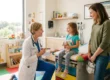 A brightly lit, high-contrast photograph of a cheerful pediatric exam room. Sunlight streams through a large window on the left. A kneeling figure in a white lab coat and blue scrubs holds a small object, smiling at a child with a rainbow shirt sitting on a colorful padded exam table, who is smiling and holding a plush bunny. A mother stands smiling on the right. The walls feature large colorful decals of animals (giraffe, lion). Blurry signs and posters are visible on the wall and counter.