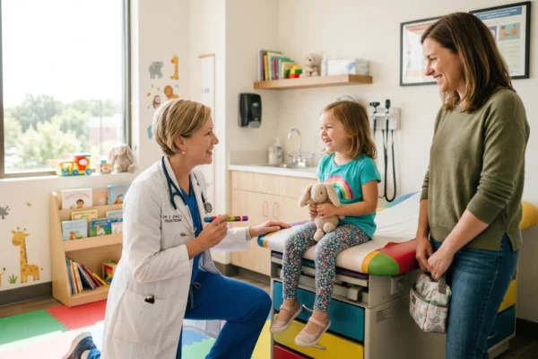 A brightly lit, high-contrast photograph of a cheerful pediatric exam room. Sunlight streams through a large window on the left. A kneeling figure in a white lab coat and blue scrubs holds a small object, smiling at a child with a rainbow shirt sitting on a colorful padded exam table, who is smiling and holding a plush bunny. A mother stands smiling on the right. The walls feature large colorful decals of animals (giraffe, lion). Blurry signs and posters are visible on the wall and counter.