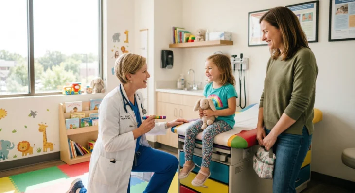 pediatric-nurse-practitioner-performing-wellness-check-pasadena-clinic. A brightly lit, high-contrast photograph of a cheerful pediatric exam room. Sunlight streams through a large window on the left. A kneeling figure in a white lab coat and blue scrubs holds a small object, smiling at a child with a rainbow shirt sitting on a colorful padded exam table, who is smiling and holding a plush bunny. A mother stands smiling on the right. The walls feature large colorful decals of animals (giraffe, lion). Blurry signs and posters are visible on the wall and counter.