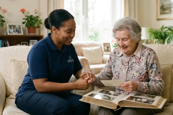 A heartwarming medium-wide shot of a smiling female caregiver in a navy blue polo shirt with a white "HOMECARE" logo and house icon, sitting on a cream-colored sofa next to an elderly woman. They are looking at an open vintage photo album on their laps, with the senior woman holding a loose photograph. The scene is illuminated by soft, natural daylight from a large window in the background, creating a gentle rim light on their hair. The composition is balanced and realistic, featuring a cozy living room background with potted geraniums and framed pictures blurred by a shallow depth of field.