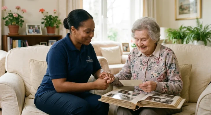 personalized-daily-care-altadena-assisted-living-caregiver A heartwarming medium-wide shot of a smiling female caregiver in a navy blue polo shirt with a white "HOMECARE" logo and house icon, sitting on a cream-colored sofa next to an elderly woman. They are looking at an open vintage photo album on their laps, with the senior woman holding a loose photograph. The scene is illuminated by soft, natural daylight from a large window in the background, creating a gentle rim light on their hair. The composition is balanced and realistic, featuring a cozy living room background with potted geraniums and framed pictures blurred by a shallow depth of field.