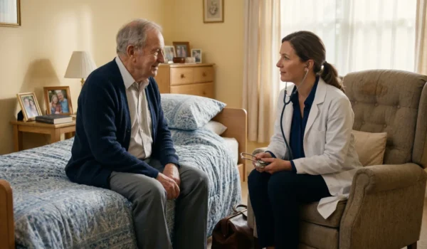 A wide, horizontal shot of a bright, sunlit residential bedroom. An elderly man in a navy cardigan sits on the edge of a bed with blue floral linens, looking toward a female doctor. The doctor, dressed in a white lab coat over a blue shirt, sits in a tan armchair holding a stethoscope. The background features a wooden dresser with several framed family photos and a lamp, creating a cozy, domestic atmosphere. The lighting is soft, warm, and natural.