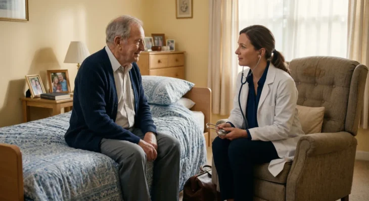 physicians-close-to-me-house-call-amanah-senior-living A wide, horizontal shot of a bright, sunlit residential bedroom. An elderly man in a navy cardigan sits on the edge of a bed with blue floral linens, looking toward a female doctor. The doctor, dressed in a white lab coat over a blue shirt, sits in a tan armchair holding a stethoscope. The background features a wooden dresser with several framed family photos and a lamp, creating a cozy, domestic atmosphere. The lighting is soft, warm, and natural.