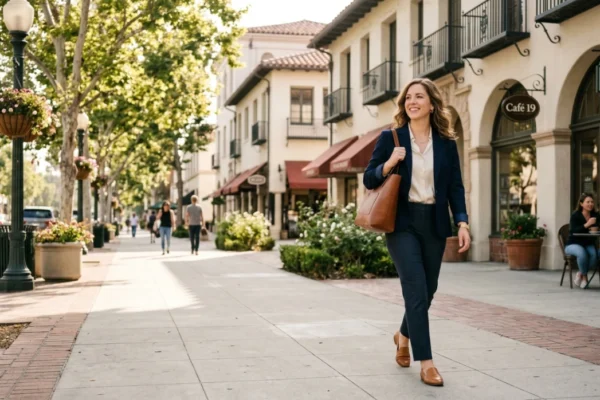 A photorealistic wide shot with a one-point perspective focusing on a smiling woman in a navy blazer and tan loafers walking down a sun-drenched Pasadena sidewalk. Warm, dapple sunlight filters through lush green trees, casting soft shadows on the brick-edged pavement. To the right, Mediterranean-style buildings feature visible signage including "Vroman's Bookstore", "Café 19", and "The Mercantile" under red awnings. The composition is clean and professional, using a shallow depth of field to keep the subject sharp while the vibrant street life remains softly blurred in the background.