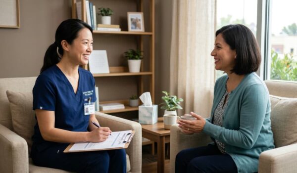 A medium side-shot of a smiling psychiatric nurse practitioner in navy scrubs holding a clipboard and pen. She is engaged in a warm conversation with a patient in a cozy office. Soft sunlight fills the room, highlighting neat bookshelves and a comfortable, clutter-free environment.