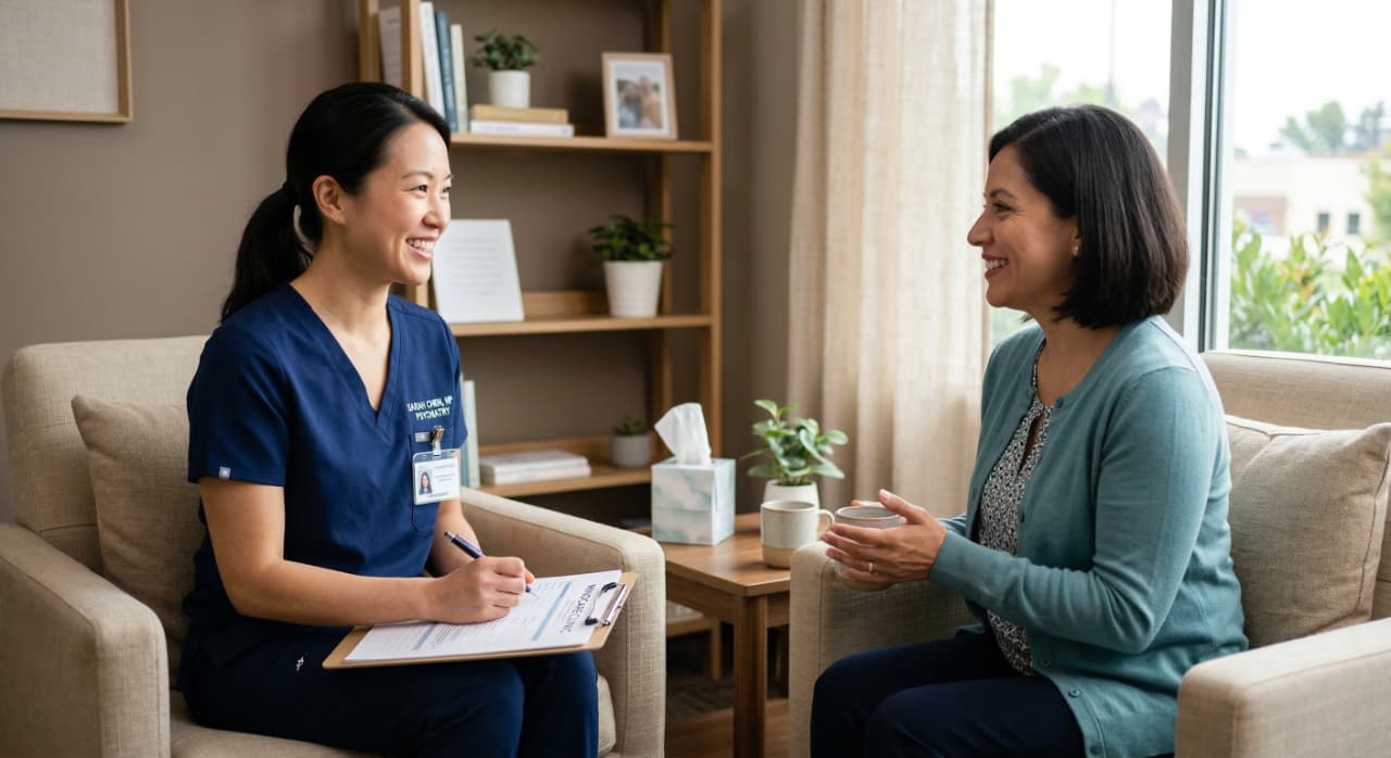 psychiatric_nurse_practitioner_pasadena_clinic_appointment A medium side-shot of a smiling psychiatric nurse practitioner in navy scrubs holding a clipboard and pen. She is engaged in a warm conversation with a patient in a cozy office. Soft sunlight fills the room, highlighting neat bookshelves and a comfortable, clutter-free environment.